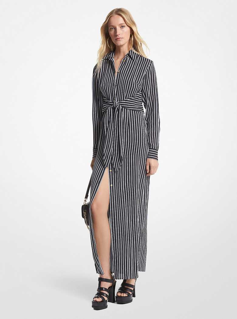 Michael Kors Striped Georgette Tie-Front Black | SN-MK26712