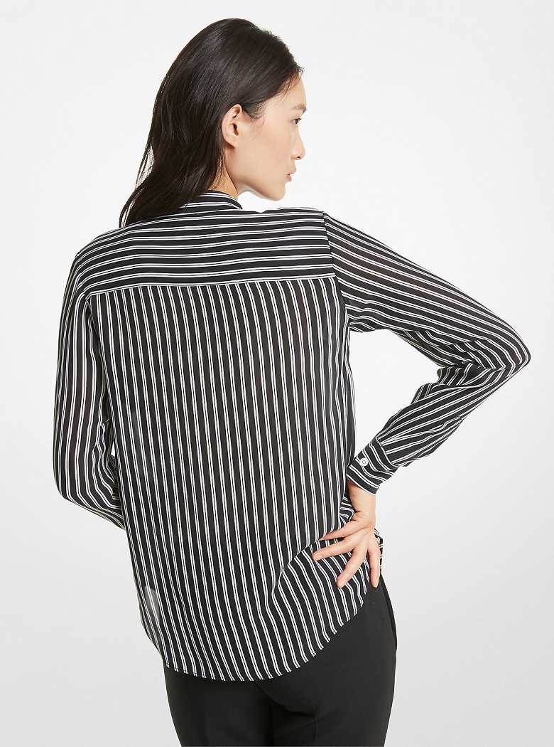 Michael Kors Striped Georgette Tie-Neck Blouse Black | SN-MK26522