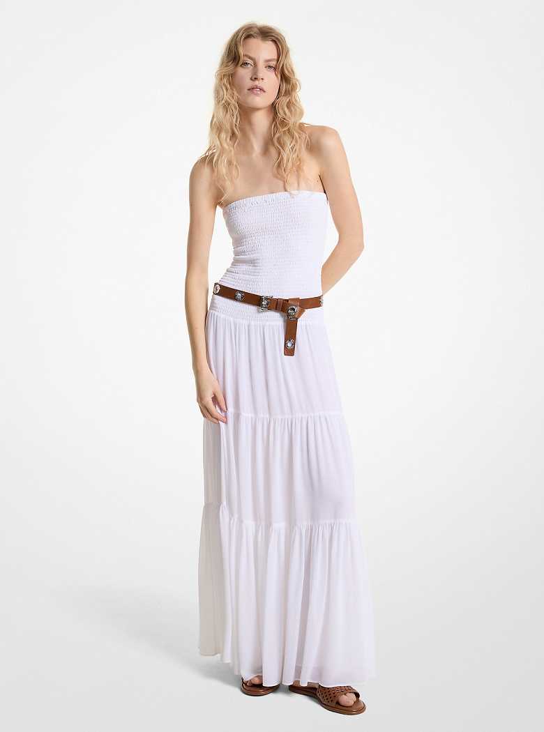 Michael Kors Tiered Smocked Georgette Maxi White | SN-MK26669