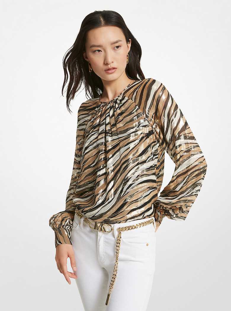 Michael Kors Tiger Fil Coupé Silk Blend Top Khaki | SN-MK26521