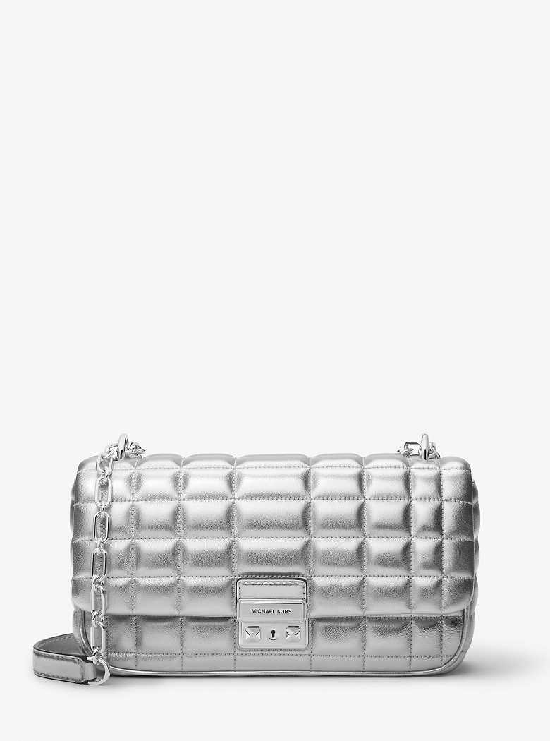 Michael Kors Tribeca Large Metallic Quilted Leather Silver | SN-MK26999