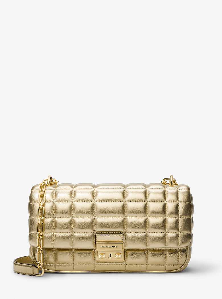 Michael Kors Tribeca Large Metallic Quilted Leather Pale Gold | SN-MK27034