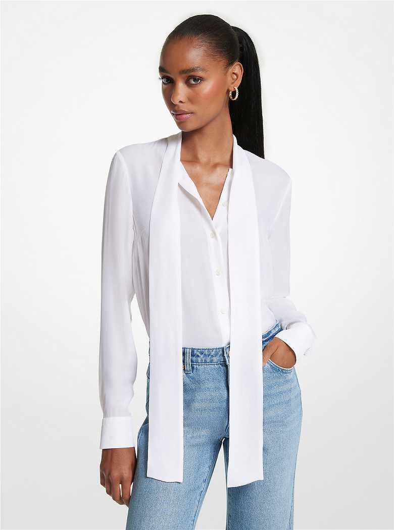 Michael Kors Viscose Blend Tie-Neck Blouse Bone | SN-MK26511