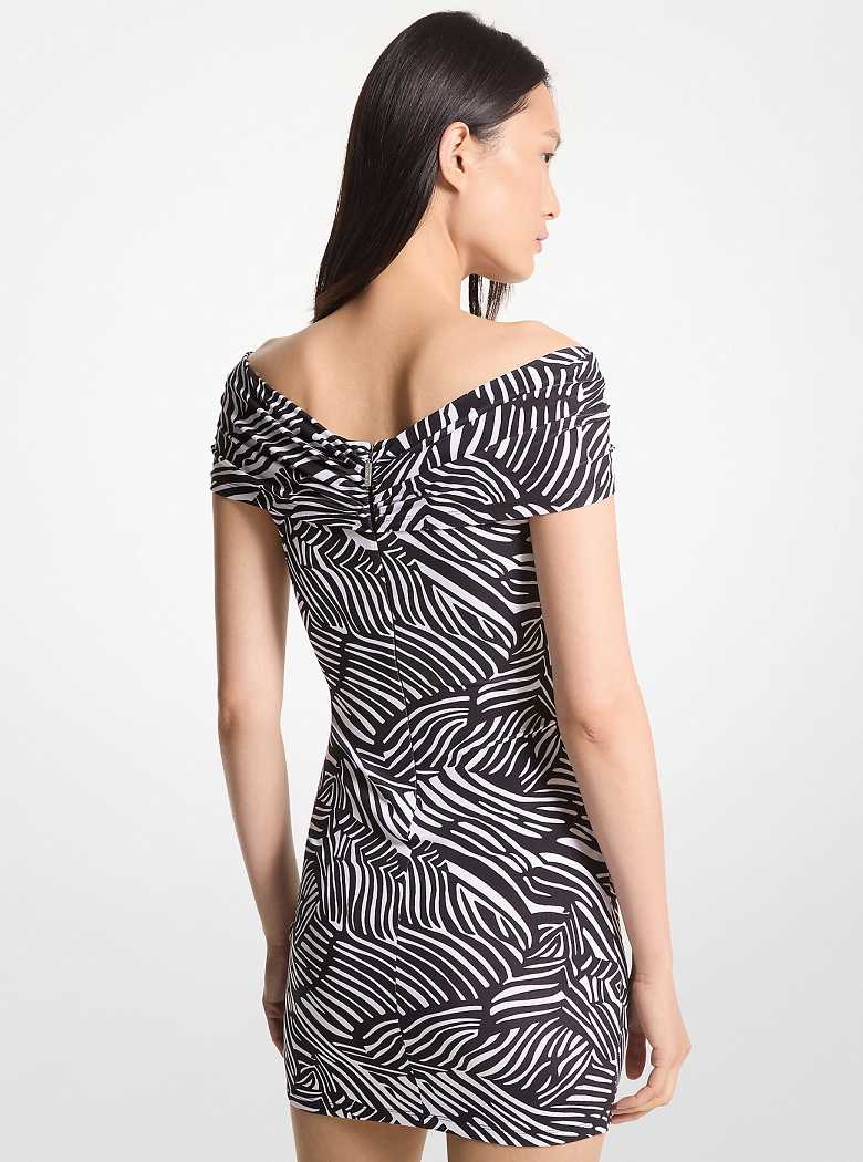 Michael Kors Zebra Print Stretch Matte Jersey Off-The-Shoulder Black/White | SN-MK26690